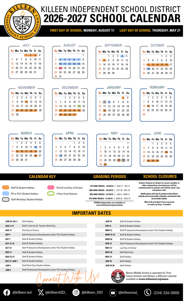 Killeen ISD Calendar 2026-2027 | Printable PDF