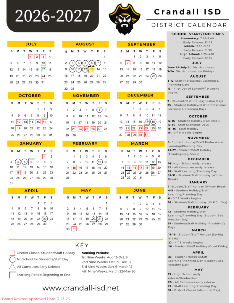 Crandall ISD Calendar 2026-2027 | Printable PDF