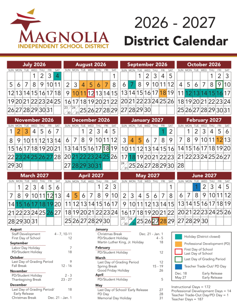 Magnolia ISD Calendar 2026-2027 | Printable PDF