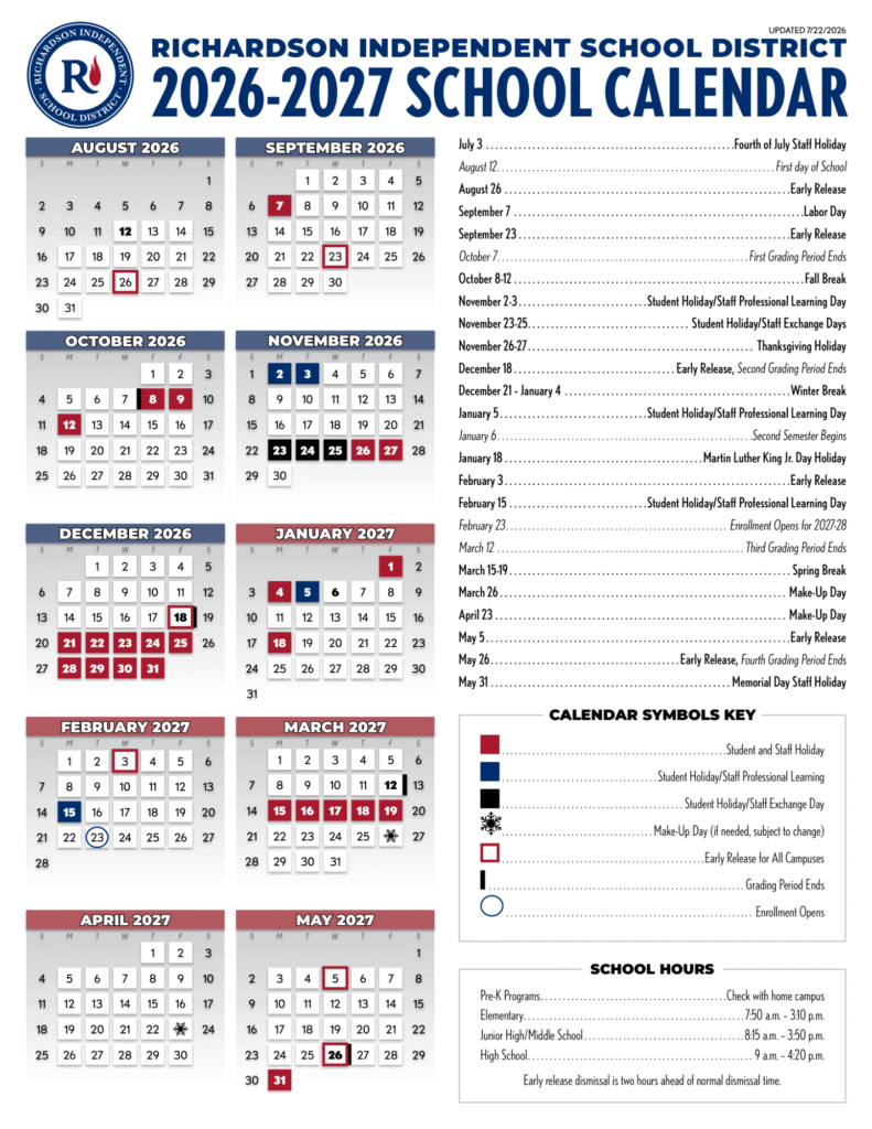 Richardson ISD School Calendar 2026-2027 | Printable PDF