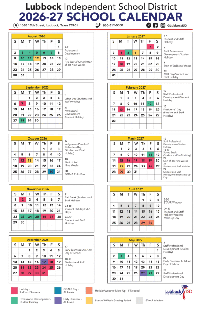 Lubbock ISD Calendar 2026-2027 | Printable PDF