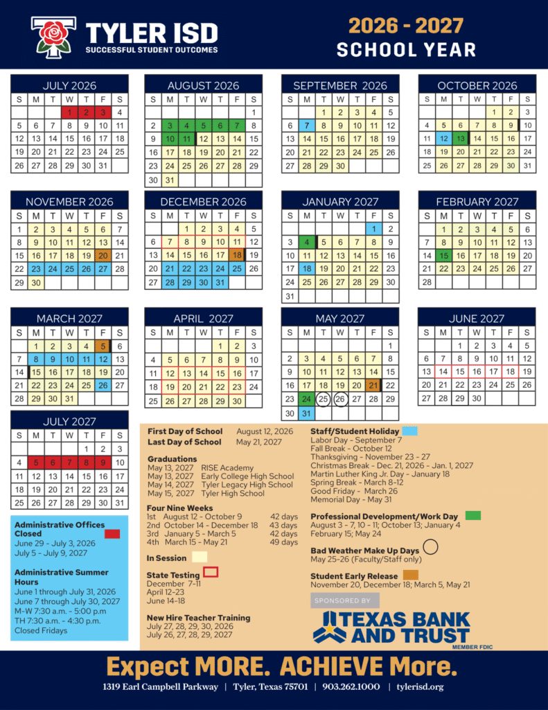 Tyler ISD Calendar 2026-2027 | Printable PDF