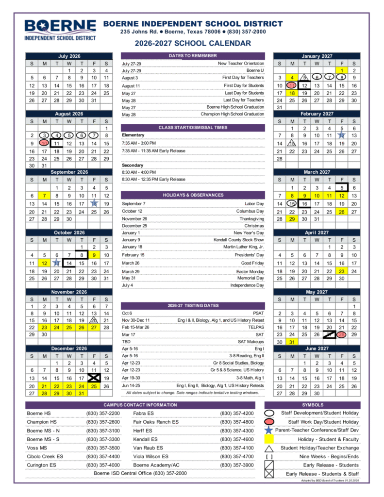 Boerne ISD Calendar 2026-2027 | Printable PDF