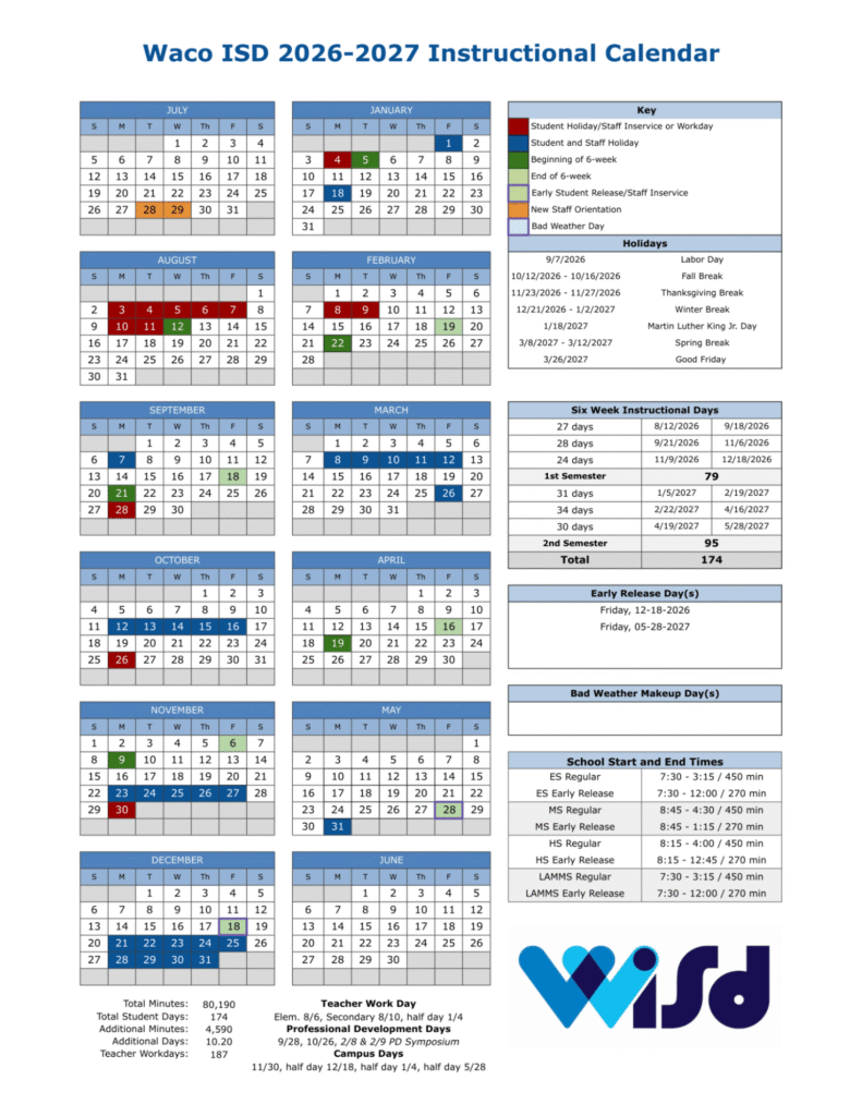 Waco ISD Calendar 2026-2027 | Printable PDF