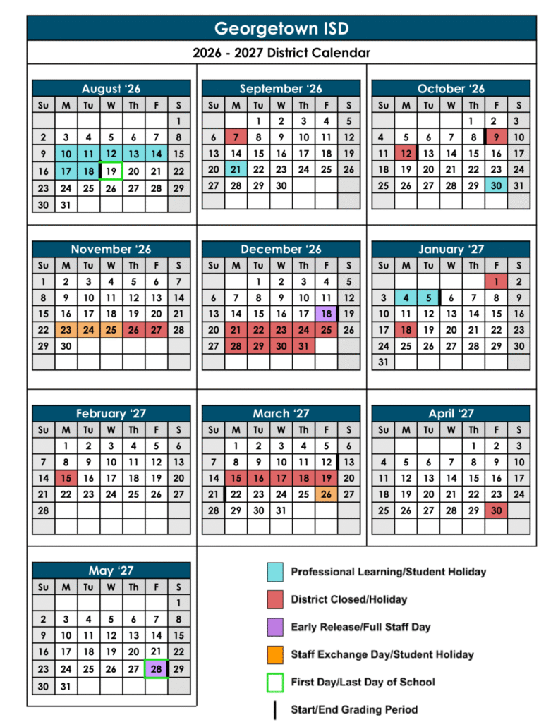 Georgetown ISD Calendar 2026-2027 | Printable PDF