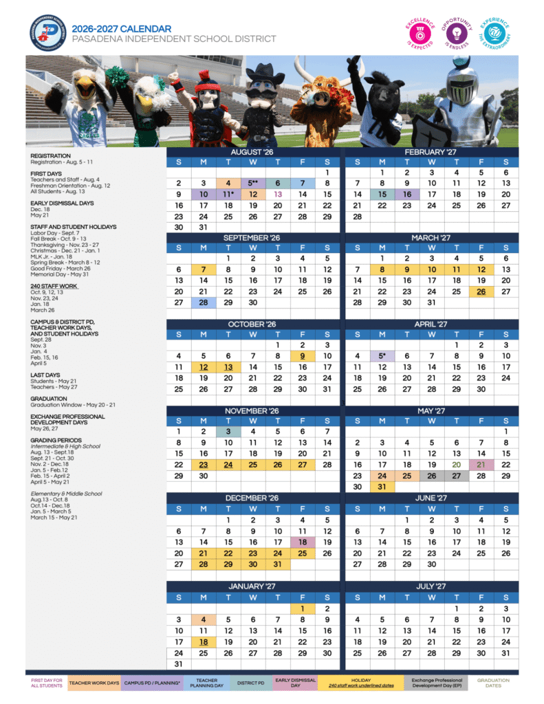 Pasadena ISD Calendar 2026-2027 | Printable PDF