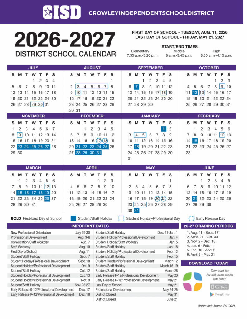 Crowley ISD Calendar 2026-2027 | Printable PDF