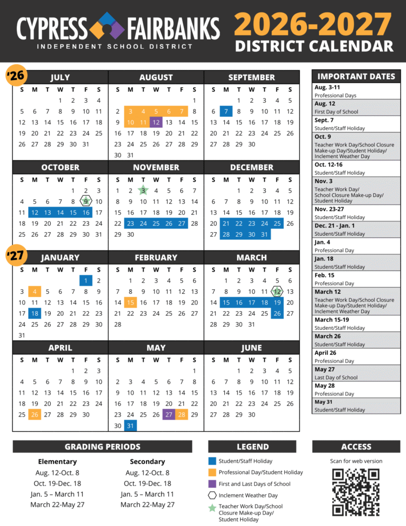 Cypress-Fairbanks ISD Calendar 2026-2027 | Printable PDF
