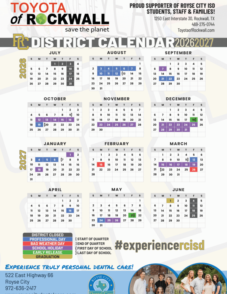 Royse City ISD Calendar 2026-2027 | Printable PDF