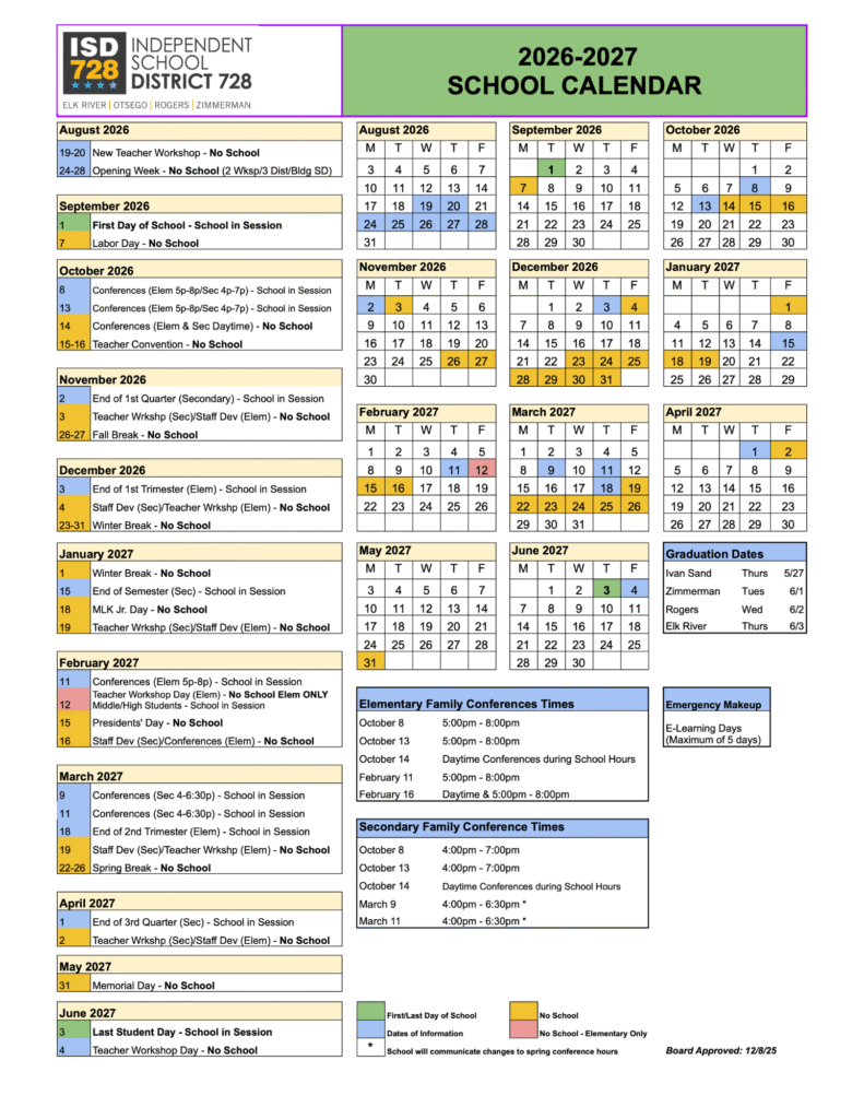 ISD 728 Calendar 2026-2027 | Printable PDF