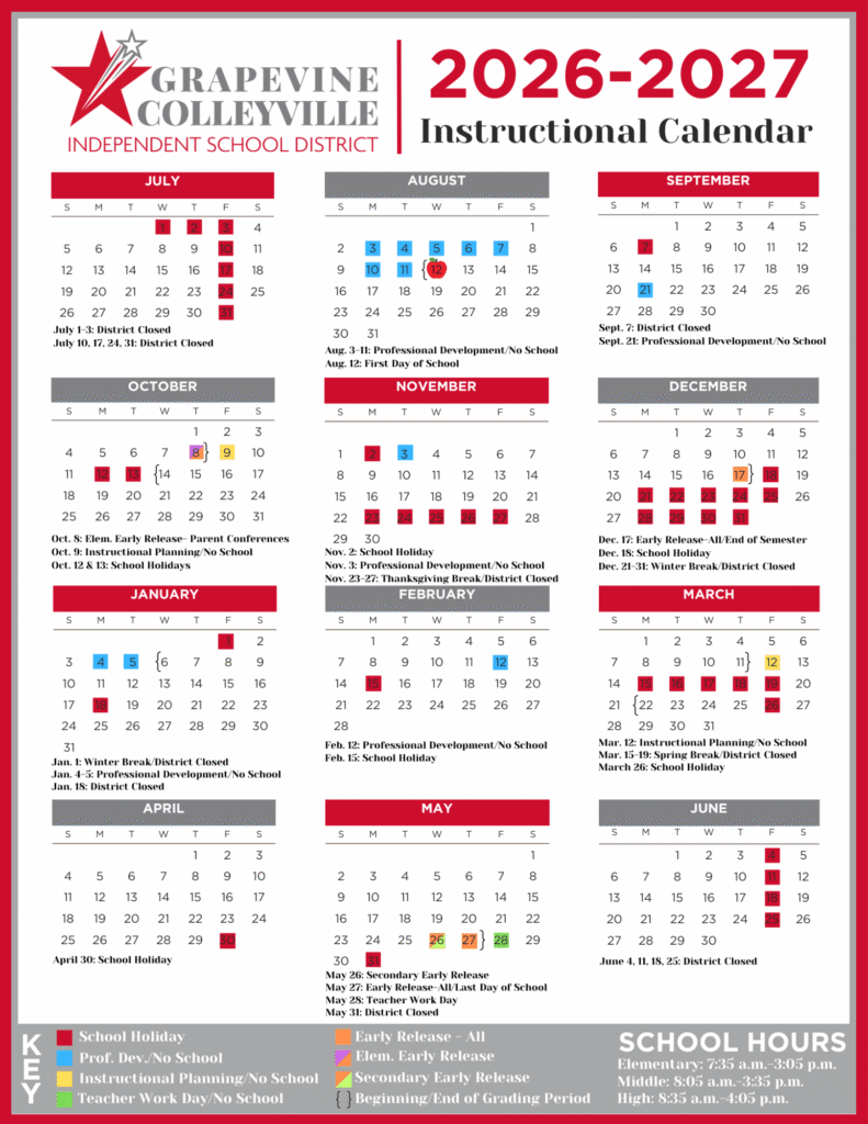 Grapevine-Colleyville ISD Calendar 2026-2027 | Printable PDF