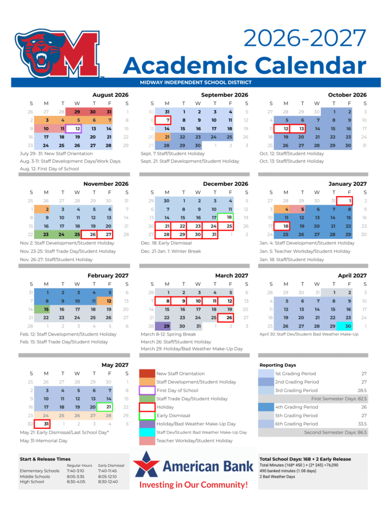 Midway ISD Calendar 2026-2027 | Printable PDF