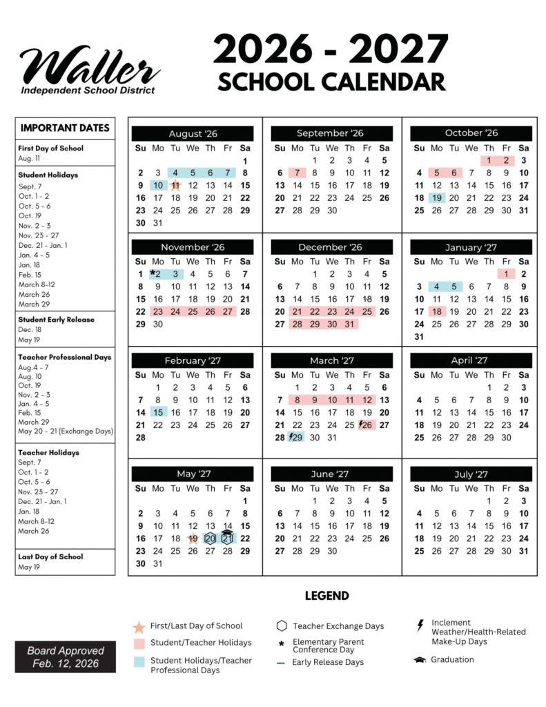 Waller ISD Calendar 2026-2027 | Printable PDF