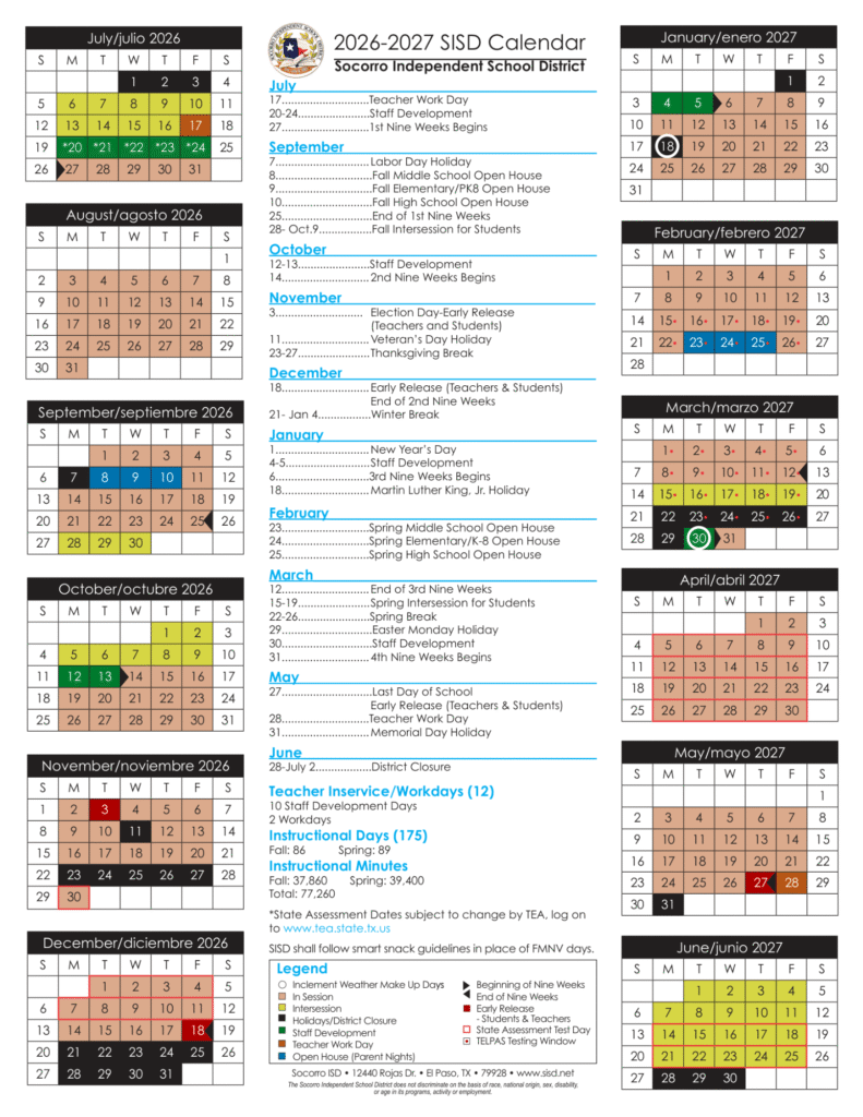 Socorro ISD School Calendar 2026-2027 | Printable PDF
