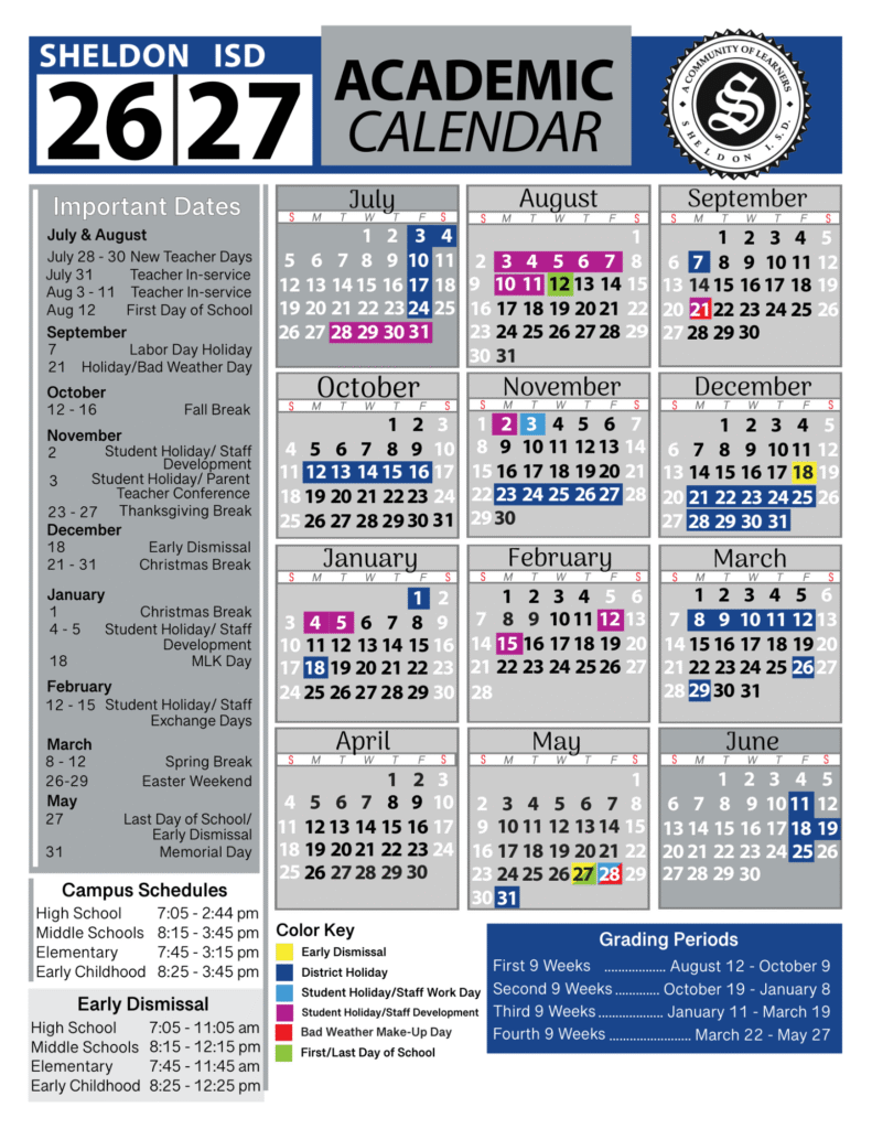 Sheldon ISD Calendar 2026-2027 | Printable PDF