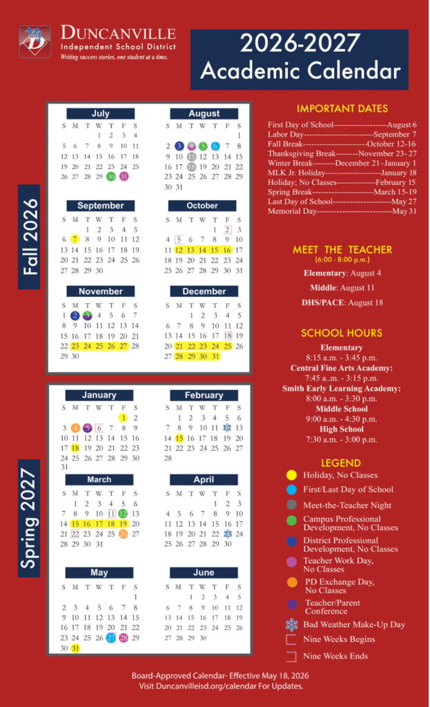 Duncanville ISD School Calendar 2026-2027 | Printable PDF