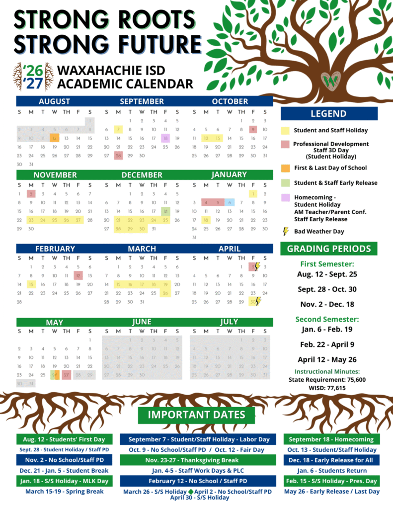 Waxahachie ISD School Calendar 2026-2027 | Printable PDF