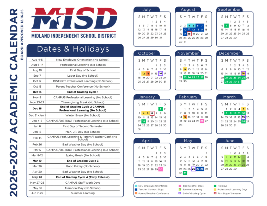 Midland ISD School Calendar 2026-2027 | Printable PDF
