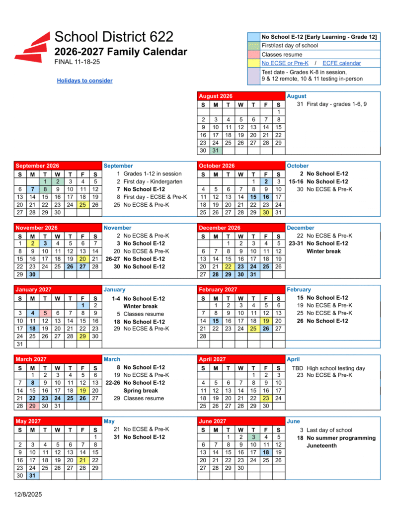 ISD 622 Calendar 2026-2027 | Printable PDF