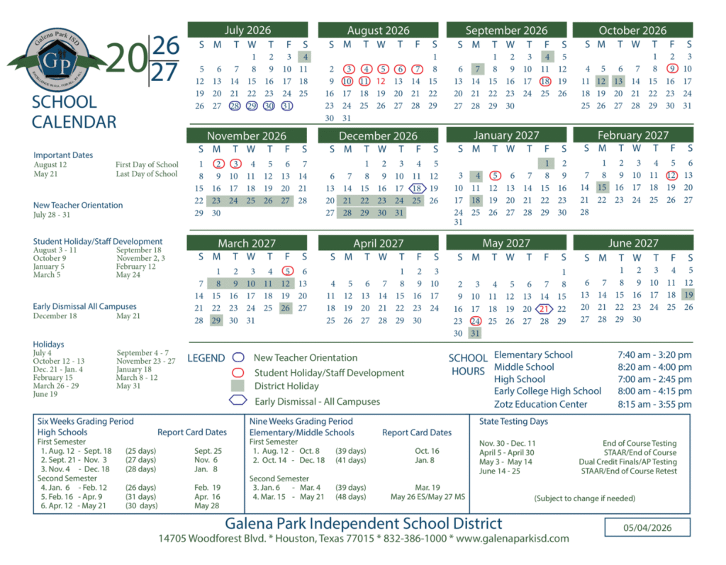 Galena Park ISD Calendar 2026-2027 | Printable PDF