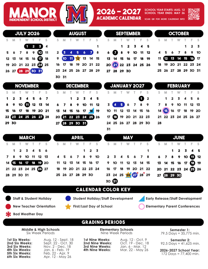 Manor ISD School Calendar 2026-2027 | Printable PDF