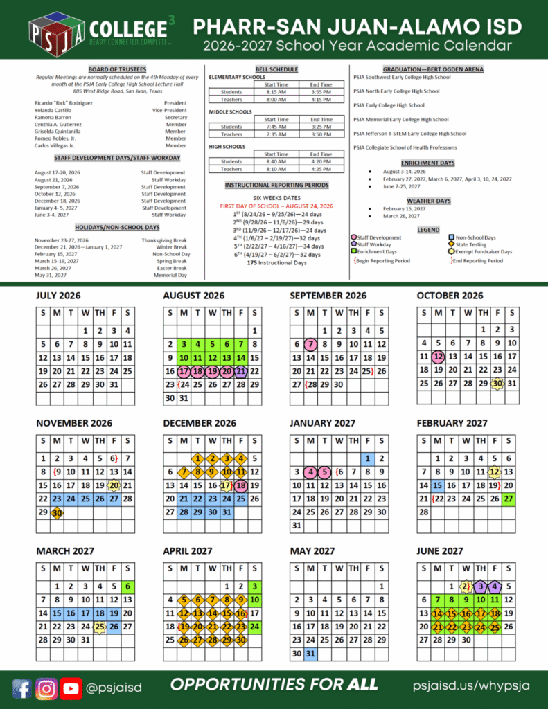 PSJA ISD Calendar 2026-2027 | Printable PDF