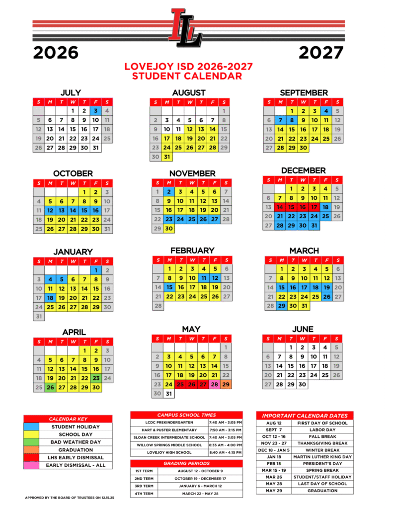 Lovejoy ISD Calendar 2026-2027 | Printable PDF