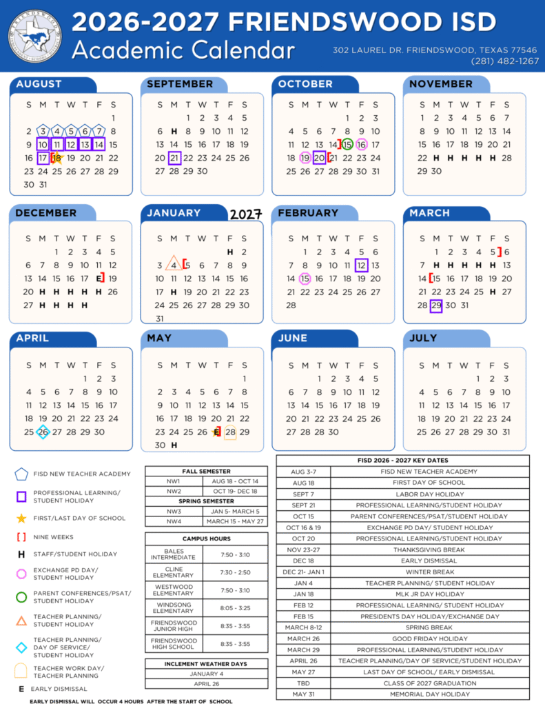 Friendswood ISD Calendar 2026-2027 | Printable PDF