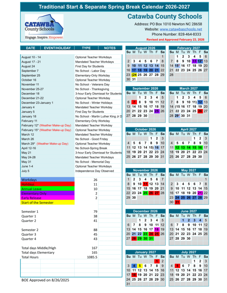 Catawba County Schools Calendar 2026-2027 | Printable PDF