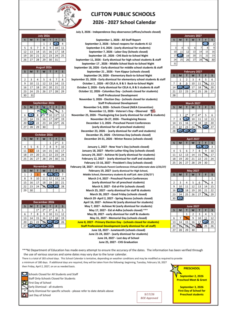Clifton Schools Calendar 2026-2027 | Printable PDF