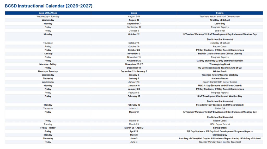 Berkeley County Schools Calendar 2026-2027 | Printable PDF