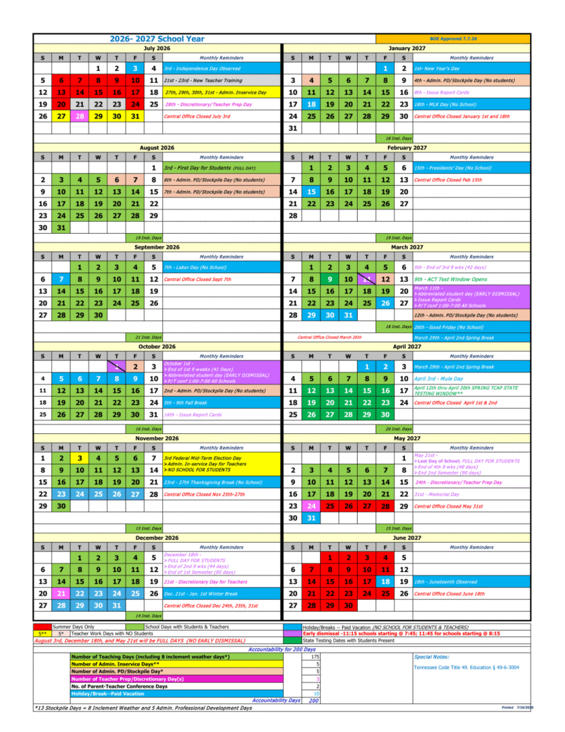 Maury County Schools Calendar 2026-2027 | Printable PDF