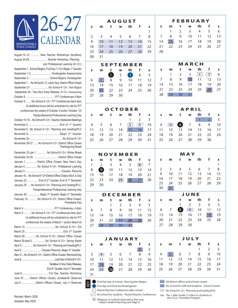 Minnetonka Public Schools Calendar 2026-2027 | Printable PDF