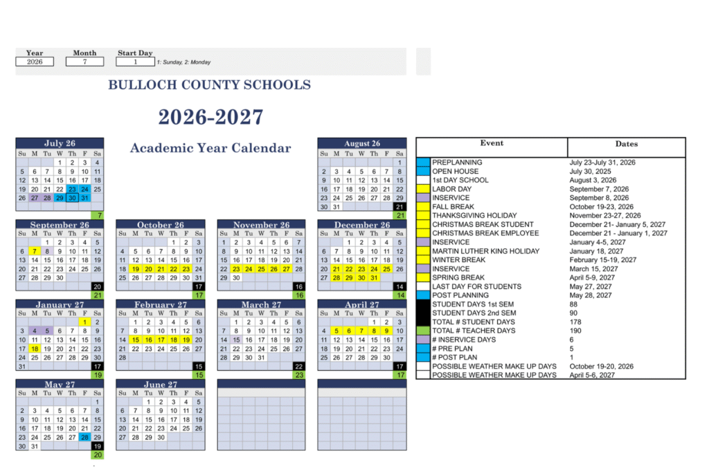 Bulloch County Schools Calendar 2026-2027 | Printable PDF
