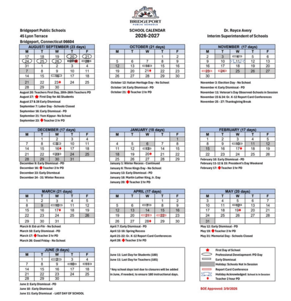 Bridgeport Public Schools Calendar 2026-2027 | Printable PDF