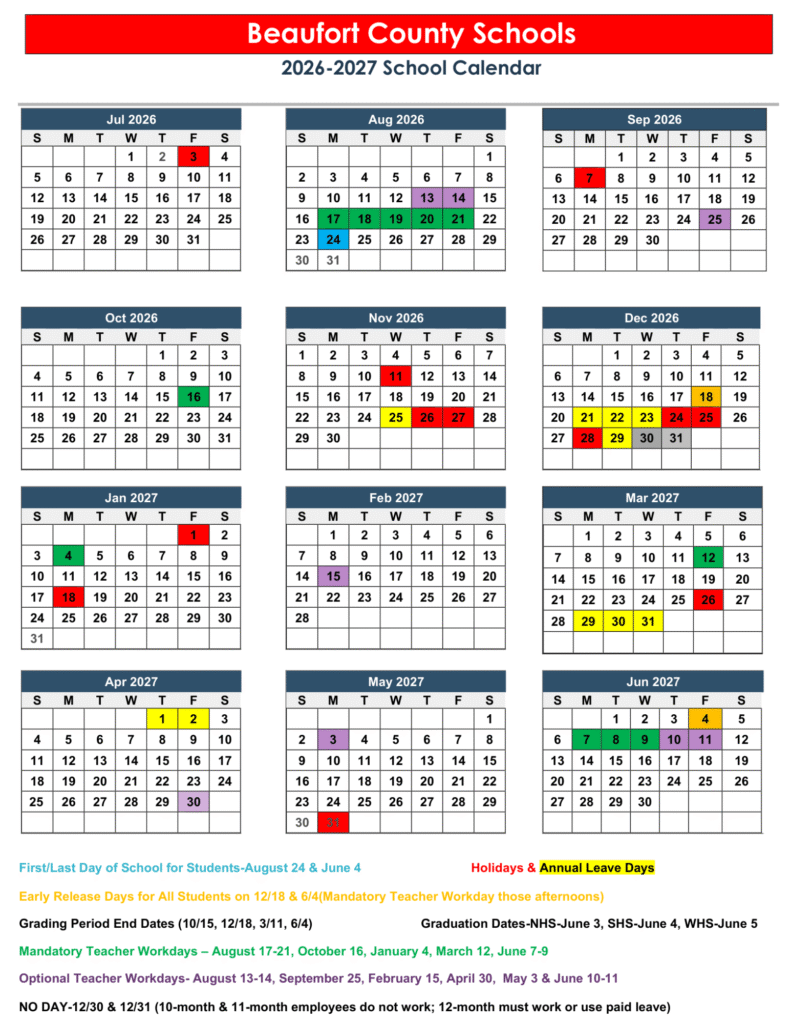 Beaufort County Schools Calendar 2026-2027 | Printable PDF