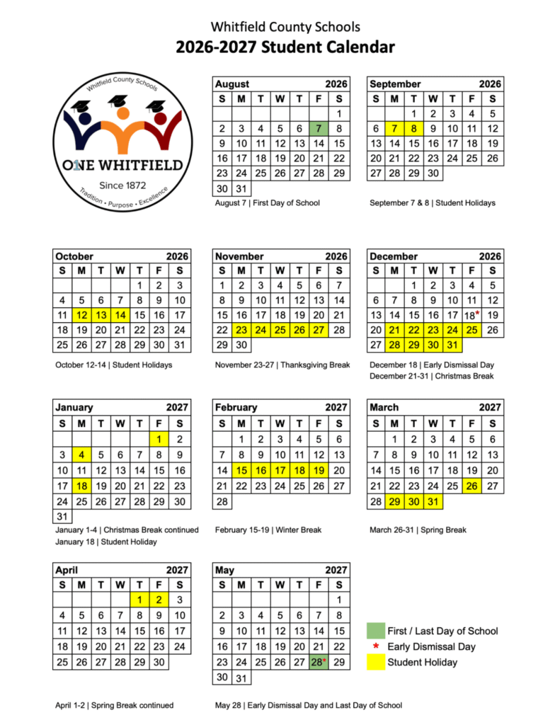 Whitfield County Schools Calendar 2026-2027 | Printable PDF