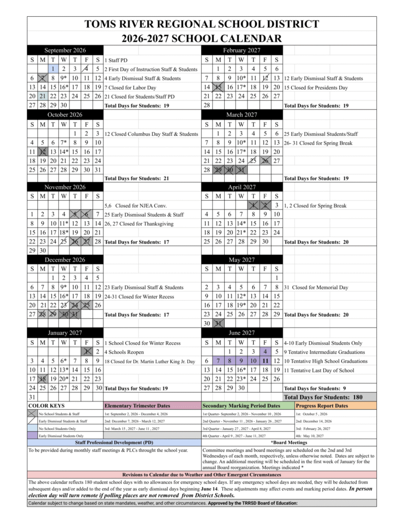 Toms River Schools Calendar 2026-2027 | Printable PDF
