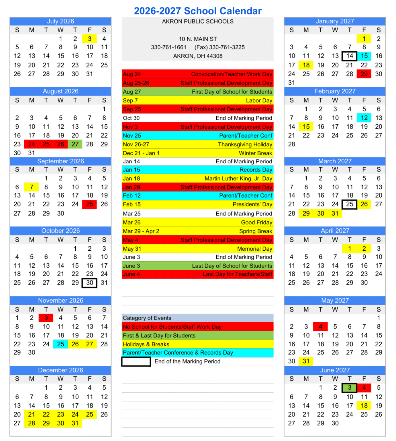 Akron Public Schools Calendar 2026-2027 | Printable PDF