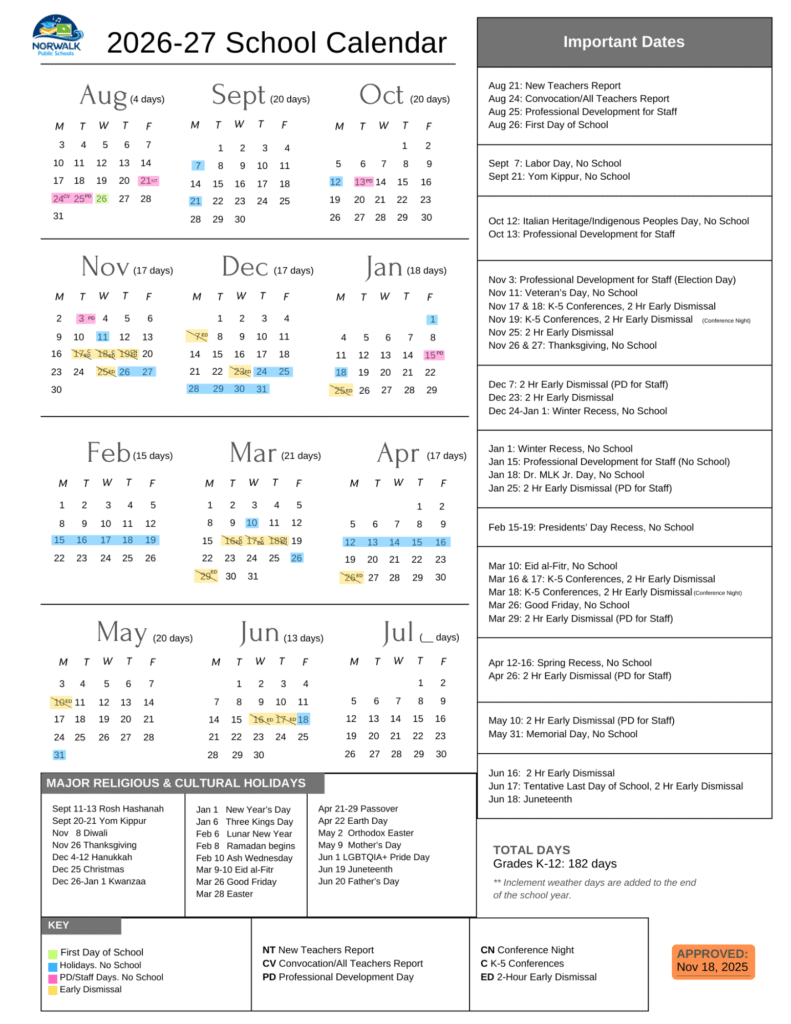 Norwalk Public Schools Calendar 2026-2027 | Printable PDF