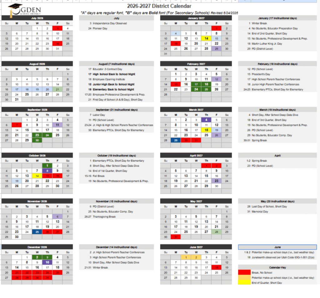 Ogden School District Calendar 2026-2027 | Printable PDF