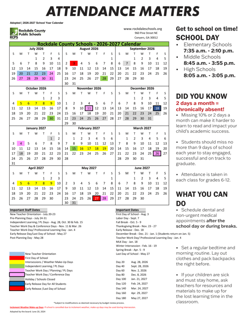 Rockdale County Schools Calendar 2026-2027 | Printable PDF
