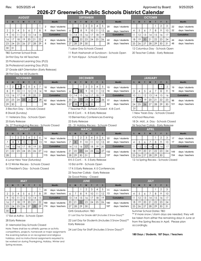 Greenwich Public Schools Calendar 2026-2027 | Printable PDF