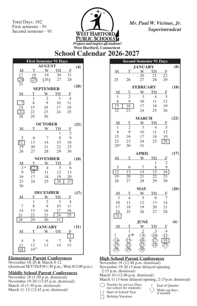 West Hartford Public Schools Calendar 2026-2027 | Printable PDF